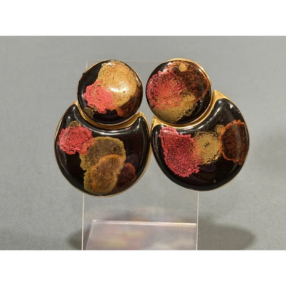 Vintage Enamel Articulated Drop Earrings Black Multi Color Gold Tone 80s Retro
